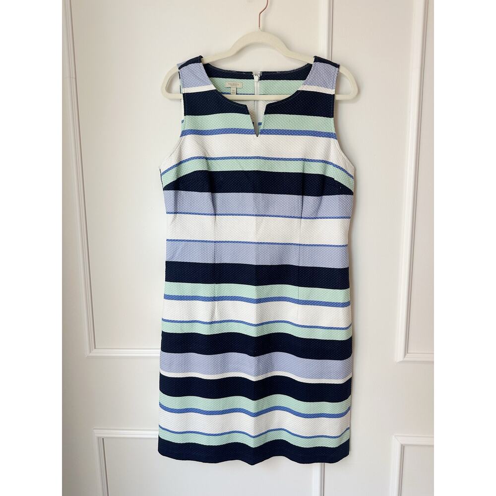 Talbot's Striped Shift Dress Size 12P Blue White Green 99% Cotton
